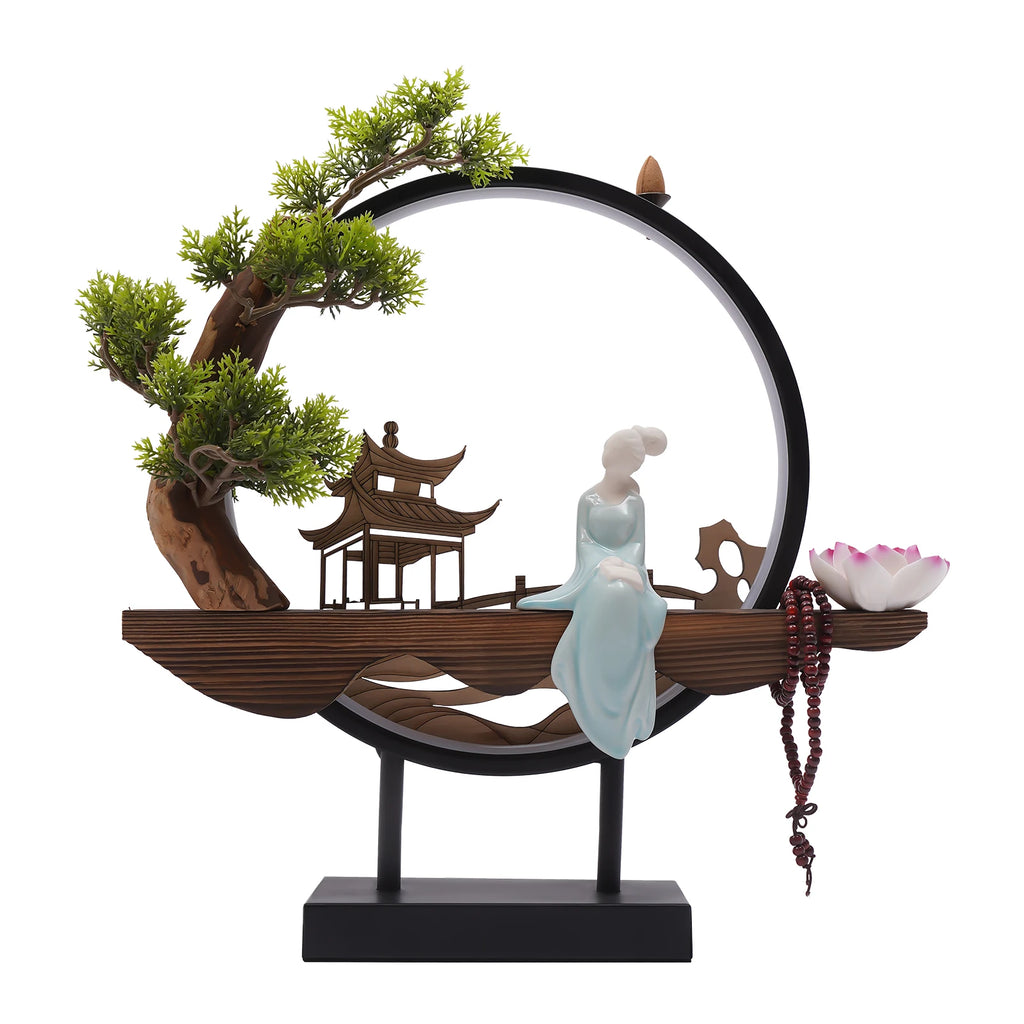 Backflow Incense Holder with LED Light and Pines, Ceramic Lady Chinese Style