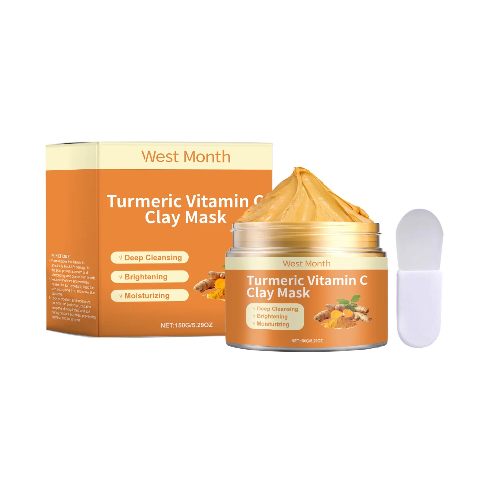 West&Month 150g Turmeric Vitamin C Clay Mask, Exfoliating, Clean Pores, Remove Blackhead, Improve Dullness, Moisturizing