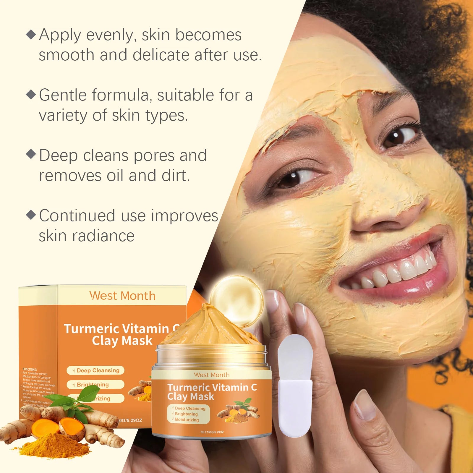West&Month 150g Turmeric Vitamin C Clay Mask, Exfoliating, Clean Pores, Remove Blackhead, Improve Dullness, Moisturizing