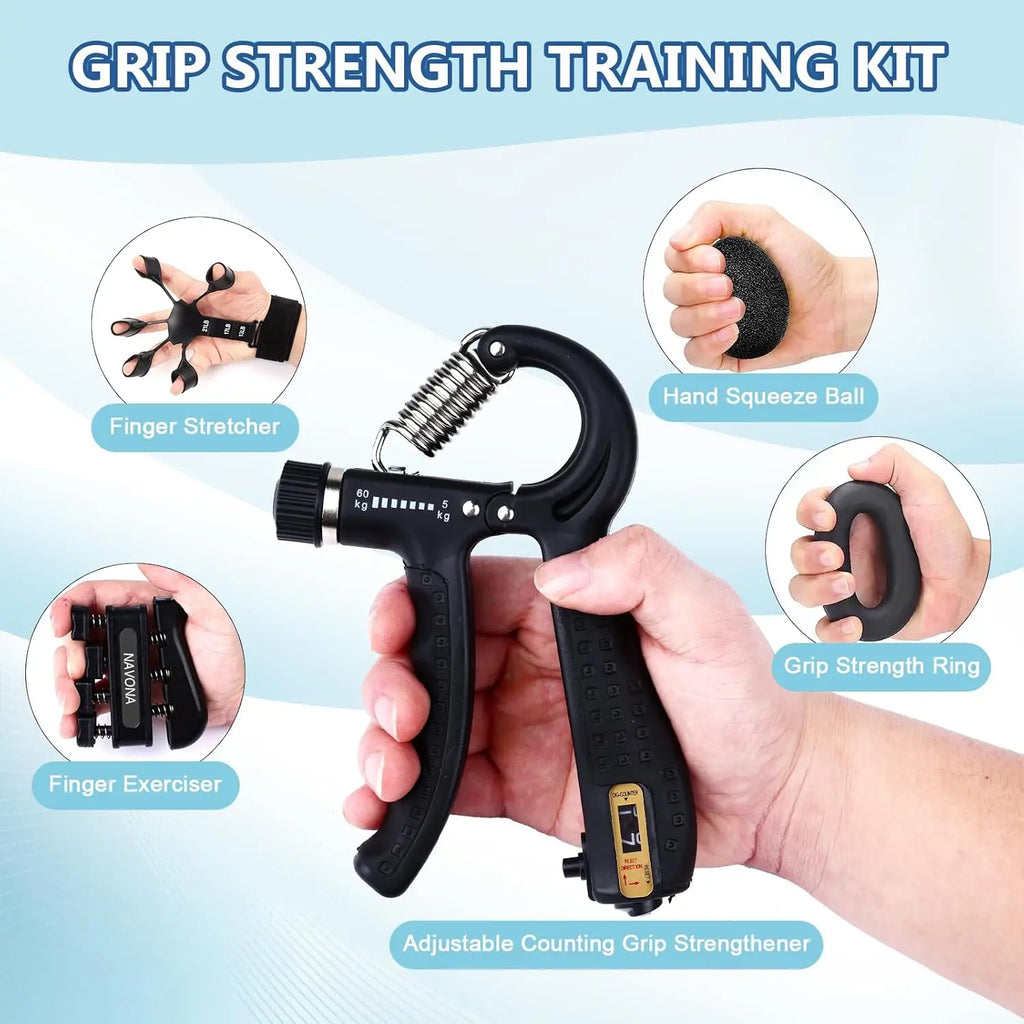 Grip Trainer Kit: Adjustable Hand Gripper, Stress Ball & Forearm Ring for Muscle Build & Injury Recovery