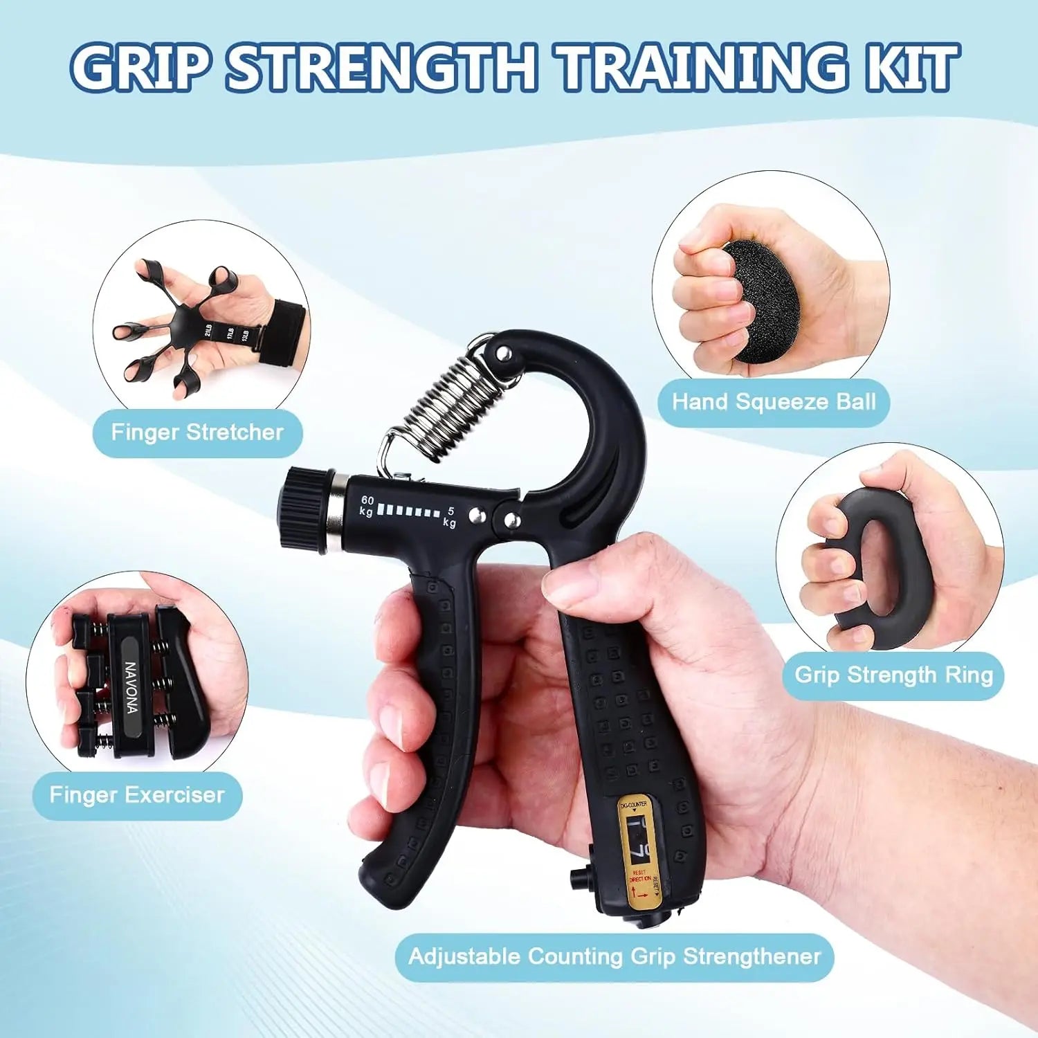 Grip Trainer Kit: Adjustable Hand Gripper, Stress Ball & Forearm Ring for Muscle Build & Injury Recovery