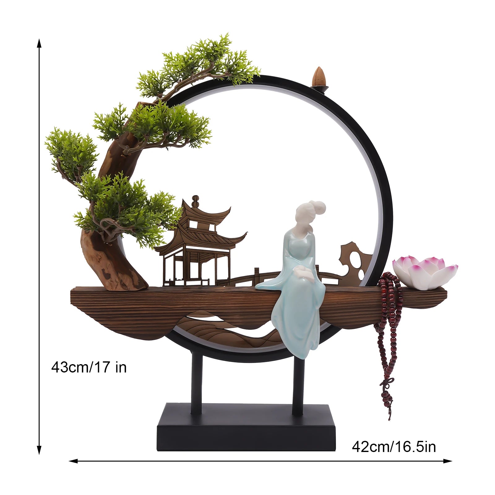 Backflow Incense Holder with LED Light and Pines, Ceramic Lady Chinese Style