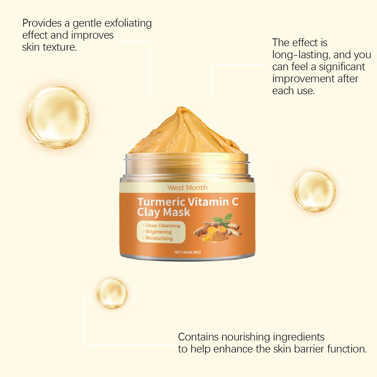 West&Month 150g Turmeric Vitamin C Clay Mask, Exfoliating, Clean Pores, Remove Blackhead, Improve Dullness, Moisturizing