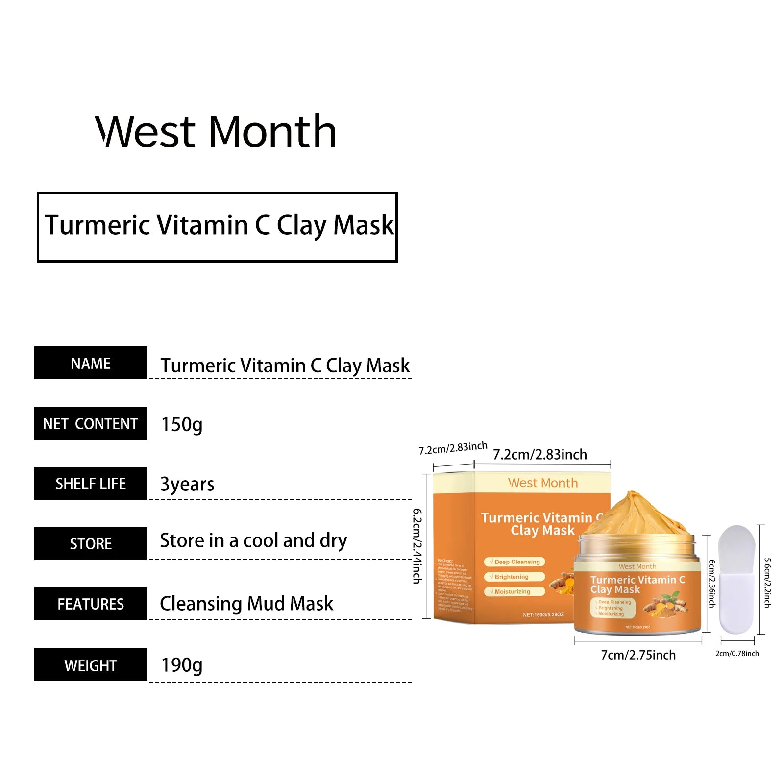 West&Month 150g Turmeric Vitamin C Clay Mask, Exfoliating, Clean Pores, Remove Blackhead, Improve Dullness, Moisturizing