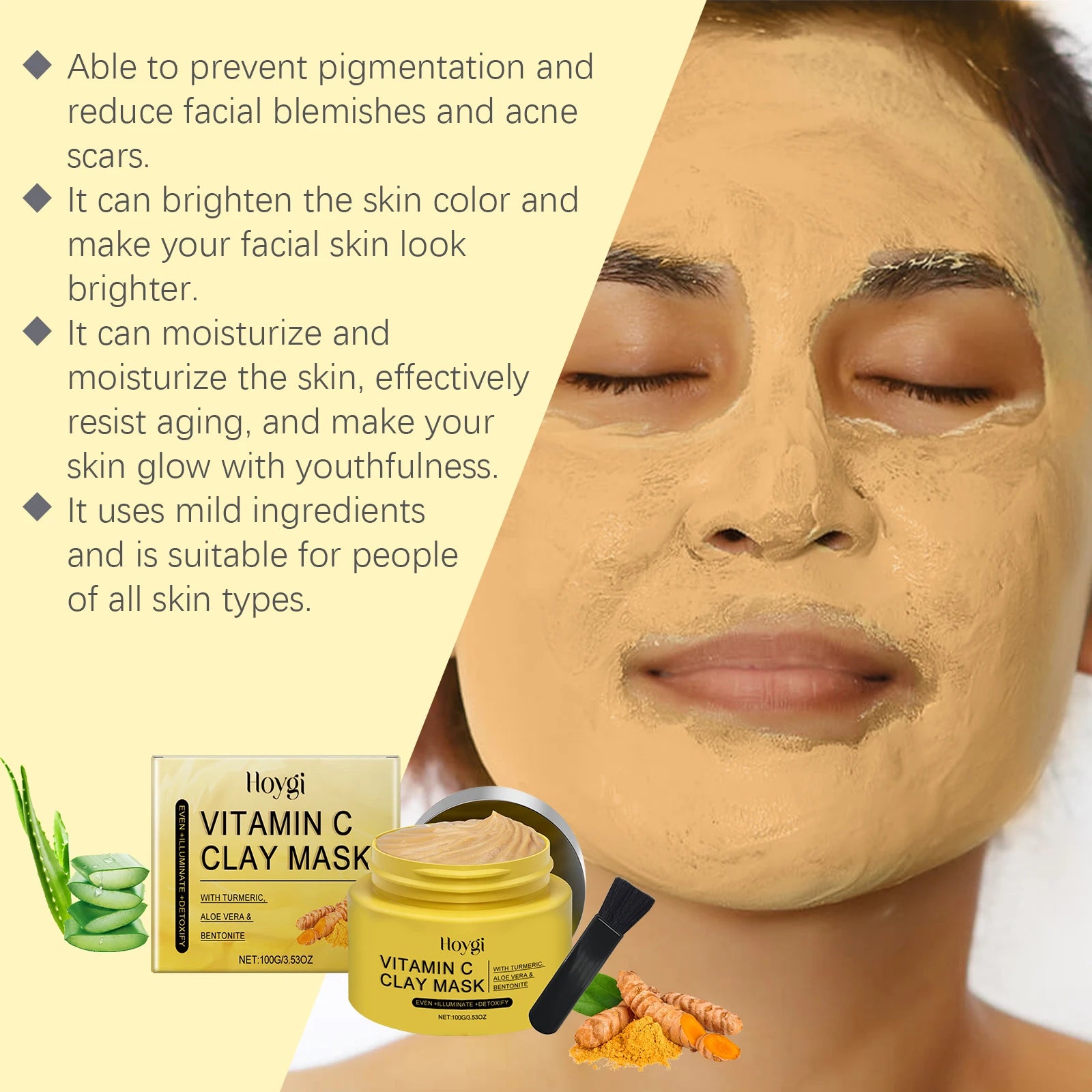 Hoygi 100g Turmeric Clay Mask Vitamin C Cleansing, Shrink Pores, Oil Control. Exfoliating, Moisturizing Face Mask