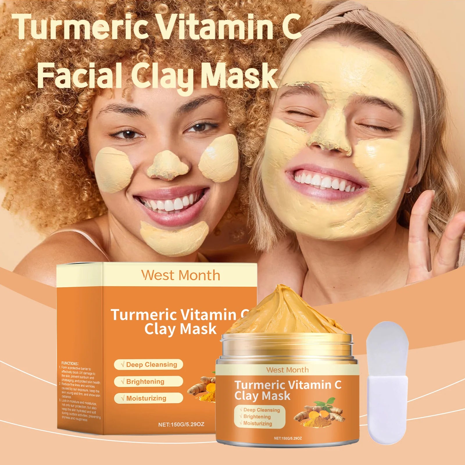 West&Month 150g Turmeric Vitamin C Clay Mask, Exfoliating, Clean Pores, Remove Blackhead, Improve Dullness, Moisturizing