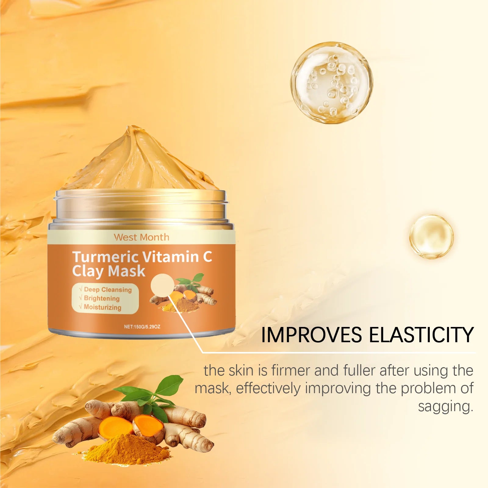West&Month 150g Turmeric Vitamin C Clay Mask, Exfoliating, Clean Pores, Remove Blackhead, Improve Dullness, Moisturizing