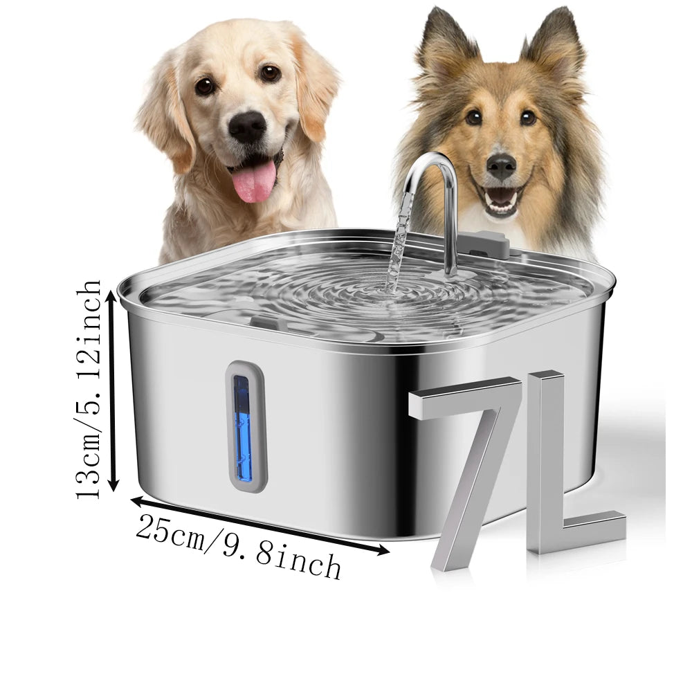 7L Large Capacity Stainless Steel Automatic Drink Water Fountain Feeder Bowl Silent (No 5V 1A Plug)