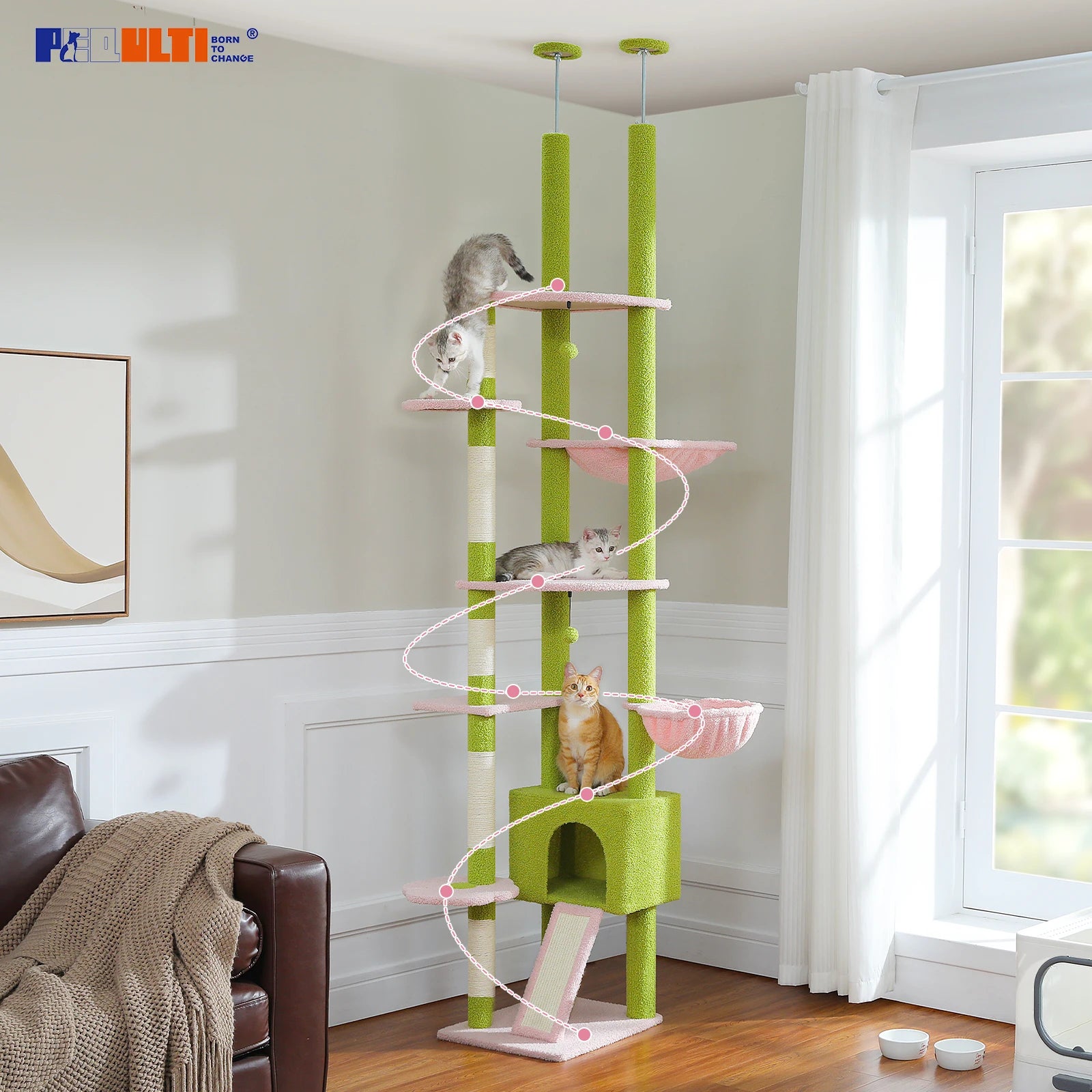 Cactus Cat Tree Floor to Ceiling Tower Adjustable Height with Cozy Condo, Hammock and Scratching Post