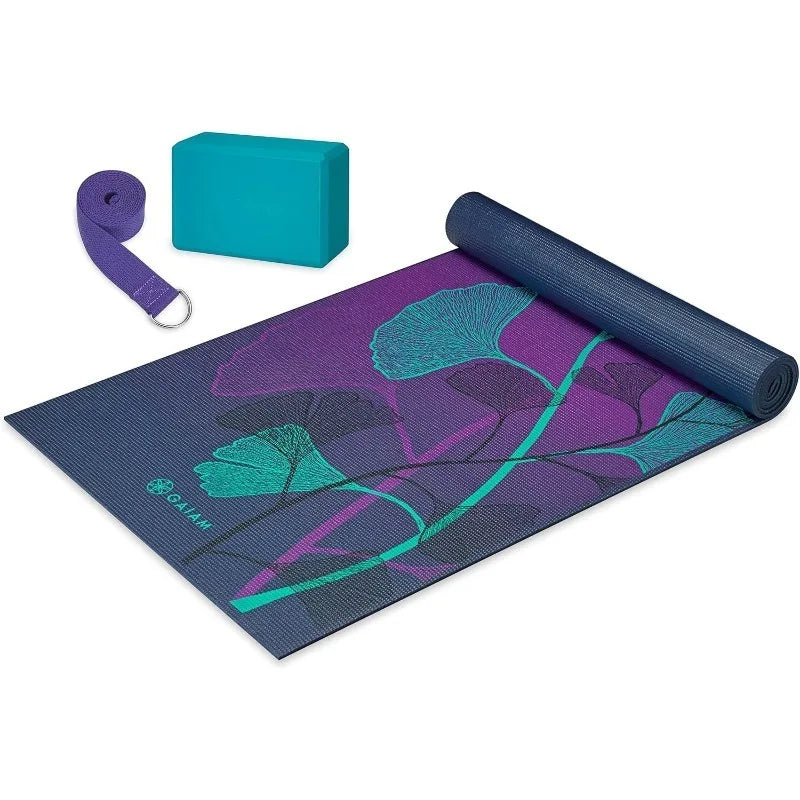 Gaiam Beginner's Yoga Starter Kit (Yoga Mat, Yoga Block, Yoga Strap) - Light 4mm Thick Printed Non-Slip