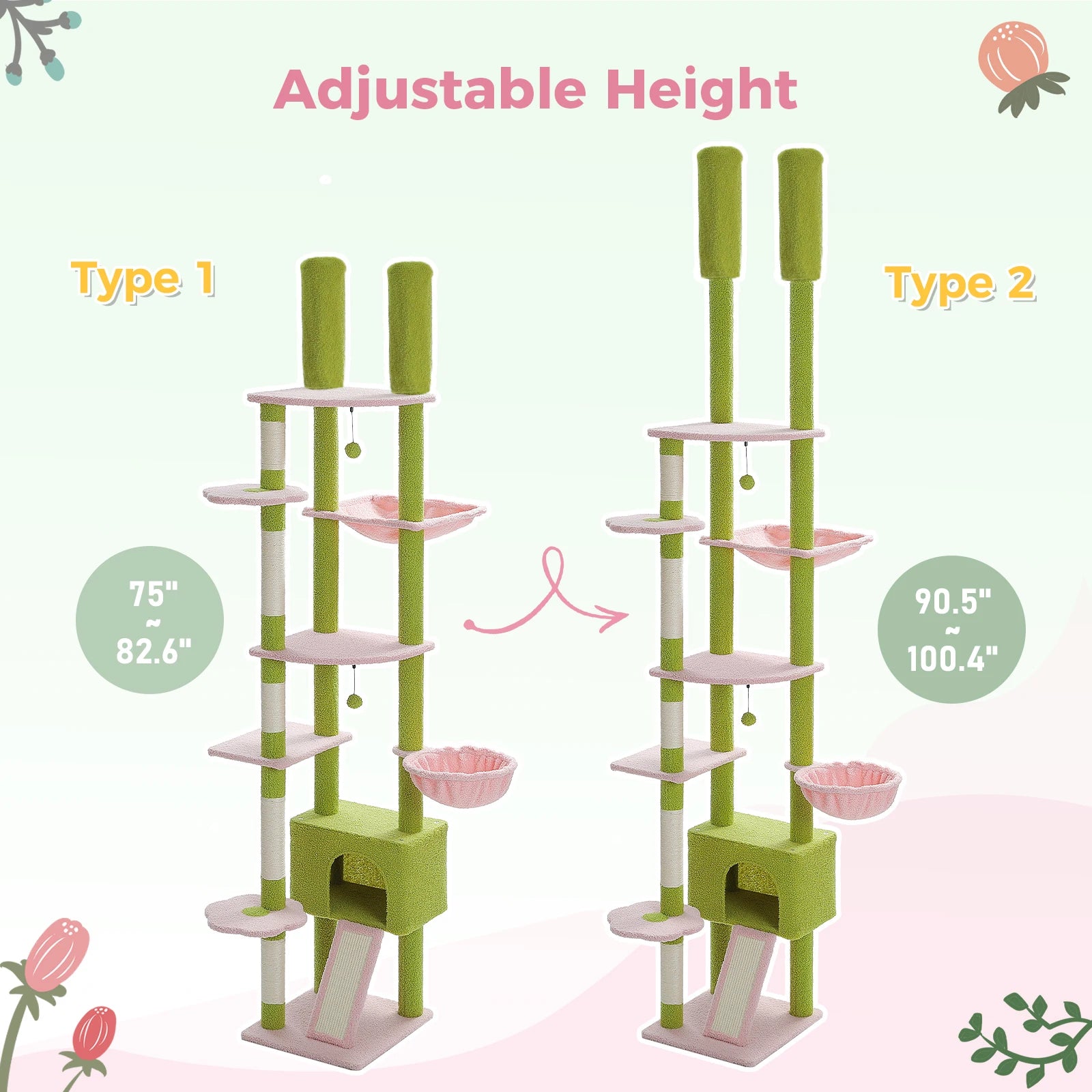 Cactus Cat Tree Floor to Ceiling Tower Adjustable Height with Cozy Condo, Hammock and Scratching Post