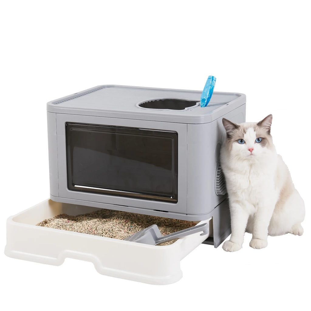 Foldable Cat Litter Box Front Entry & Top Exit with Massager, Litter Scoop Included