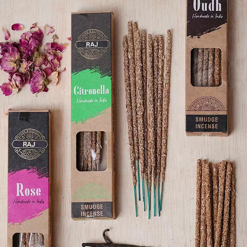 1 Box RAJ Indian Natural Handmade Sandalwood Ancient Grass Incense Sticks Palo Santo