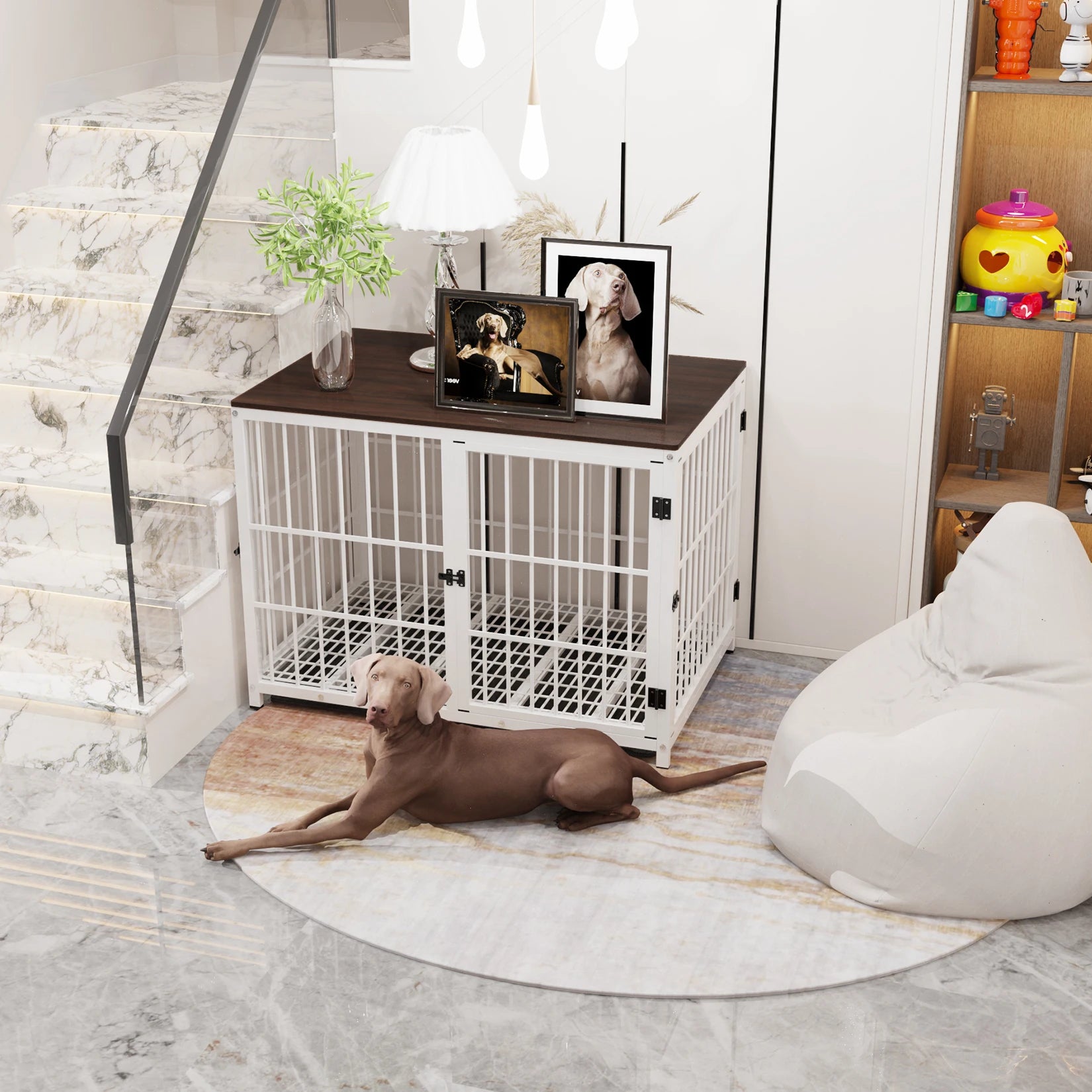 BINGOPAW Dog Crate Furniture Pet Kennel End Table Metal with Three Doors with Locks and Removable Tray, White/Black