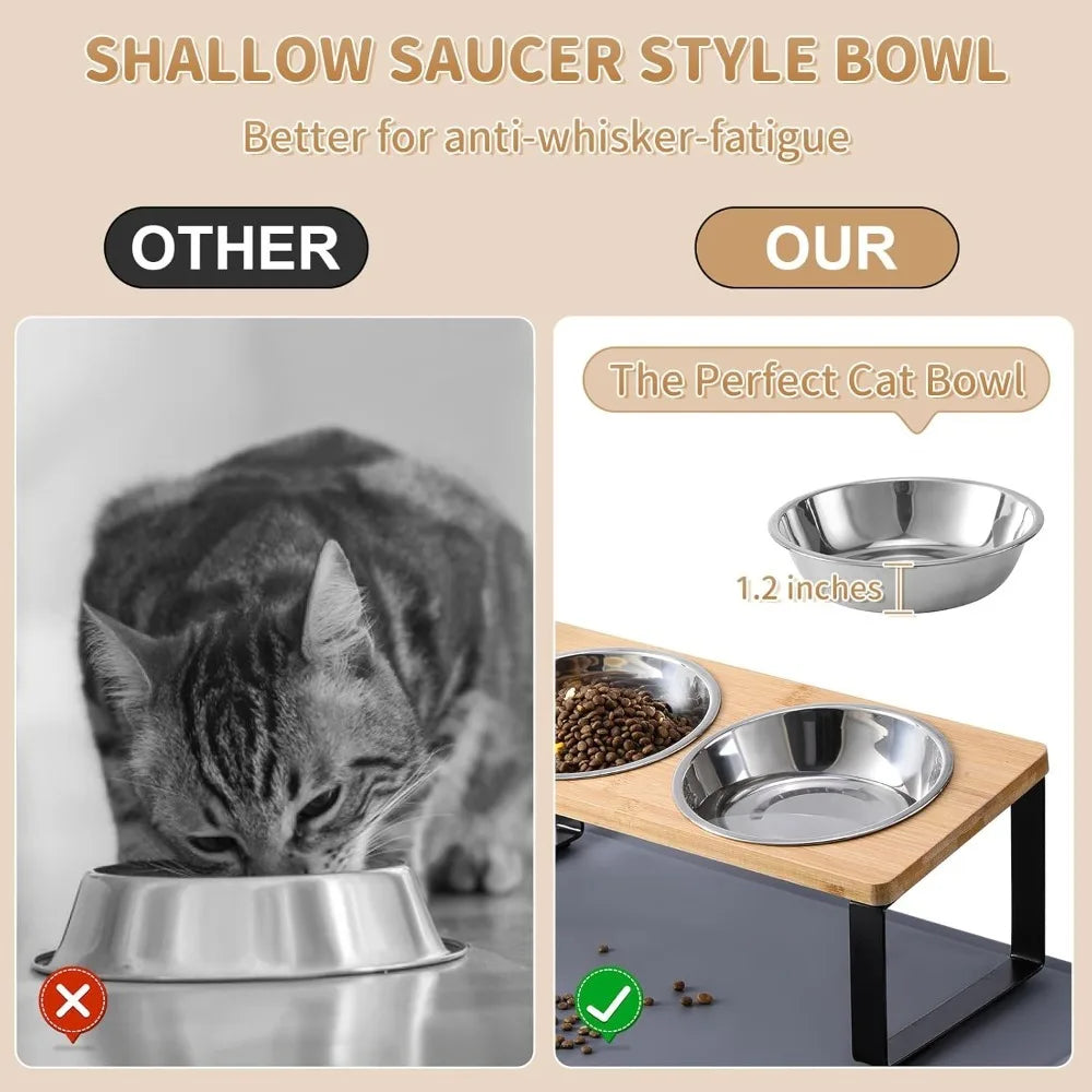 Upgraded Elevated Cat Bowls with Food Mat,15°Tilted Stand Anti Vomiting Raised Dishes for Food and Water,2 Stainless Steel B