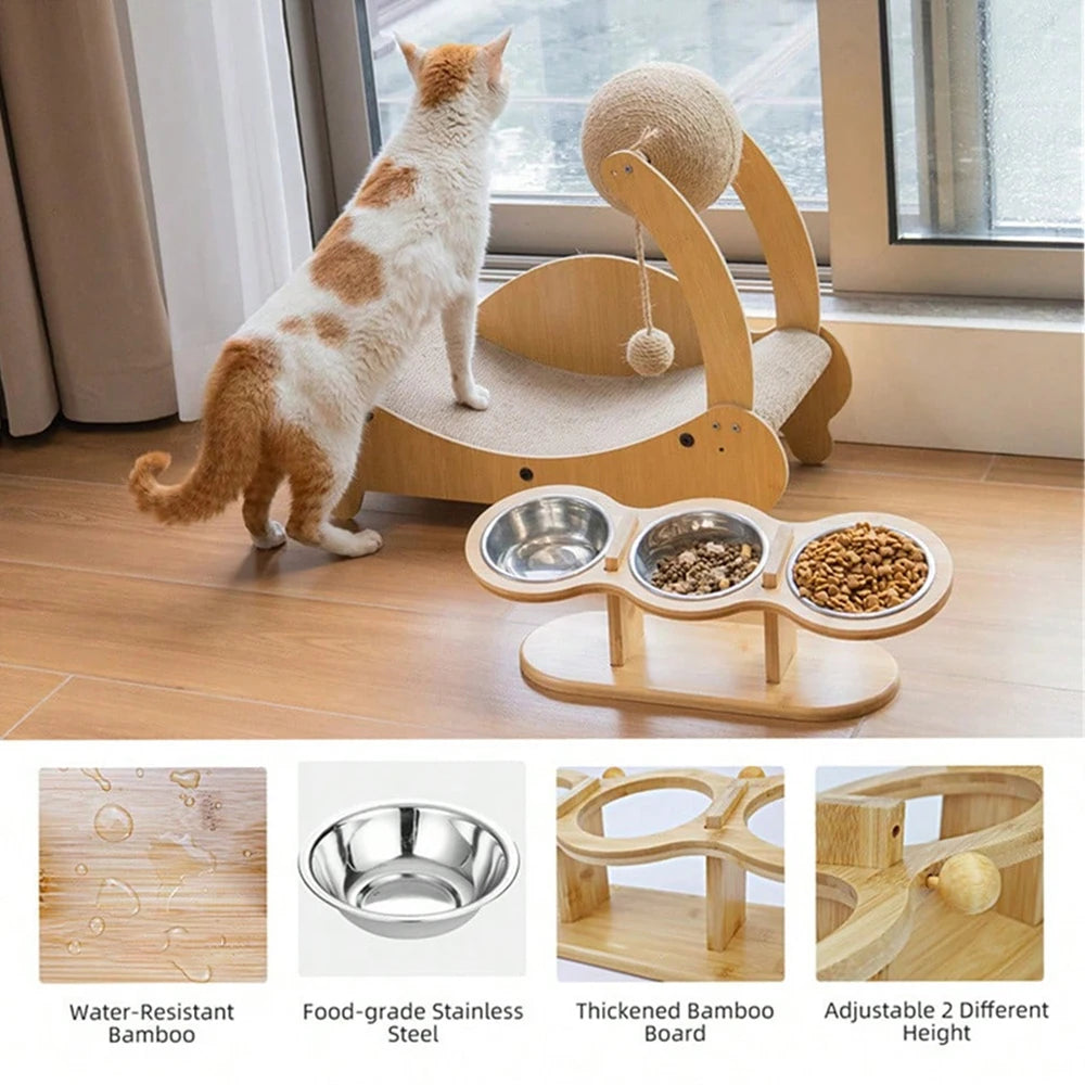 3 Bowls in 1 Cat Feeder, Feeding & Watering Bowl, 15-Degree Tilt, Raised Stainless Steel Bowls, Wood Brackets