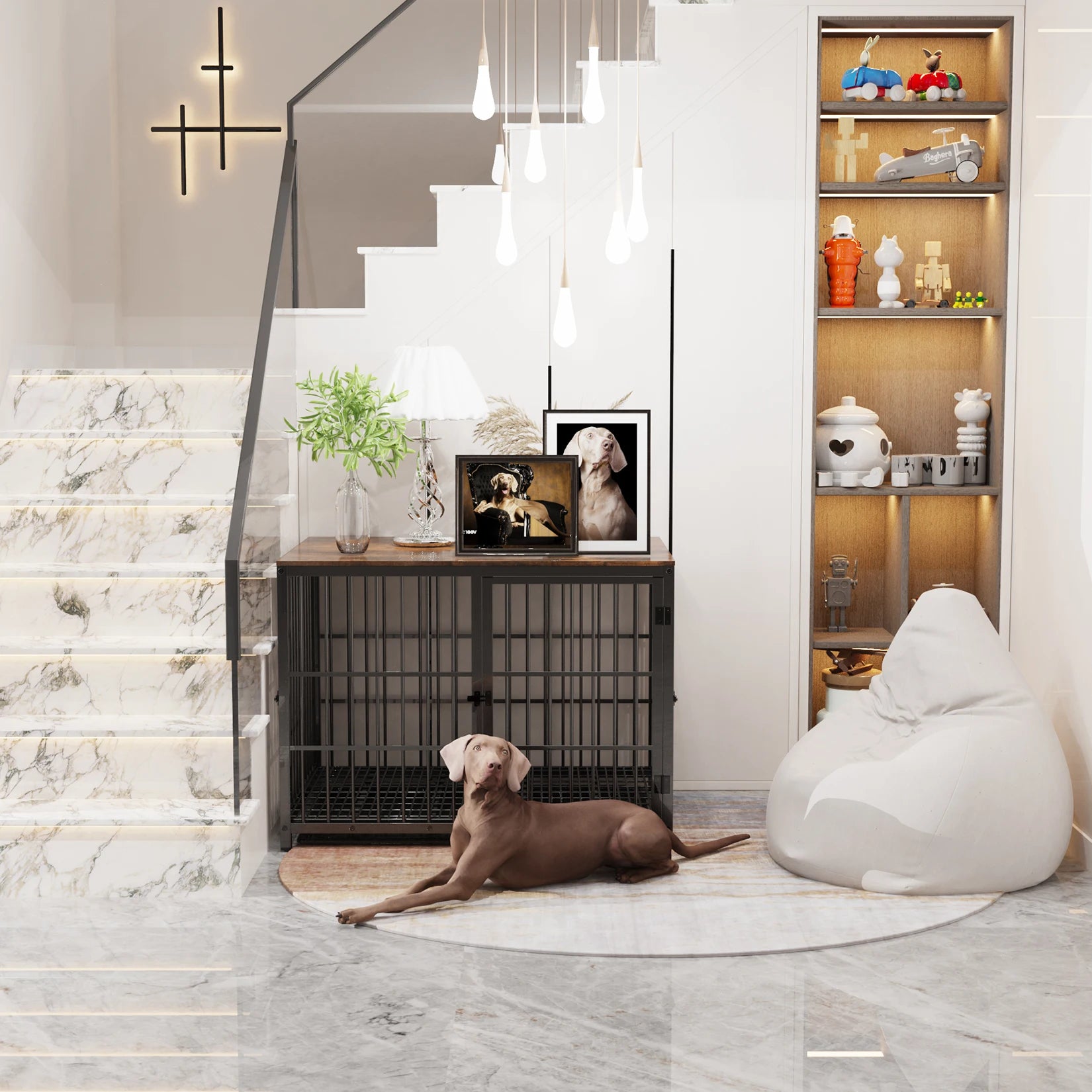 BINGOPAW Dog Crate Furniture Pet Kennel End Table Metal with Three Doors with Locks and Removable Tray, White/Black