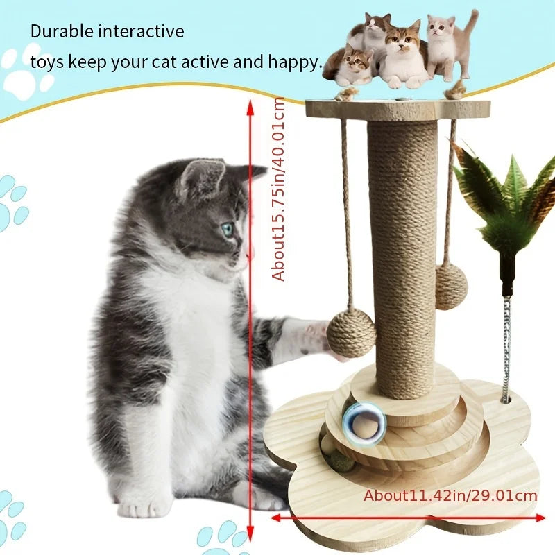 Sisal Cat Scratching Post 2-Layer Ball Track Toy with Teasing Wand and Hanging Toy Ball