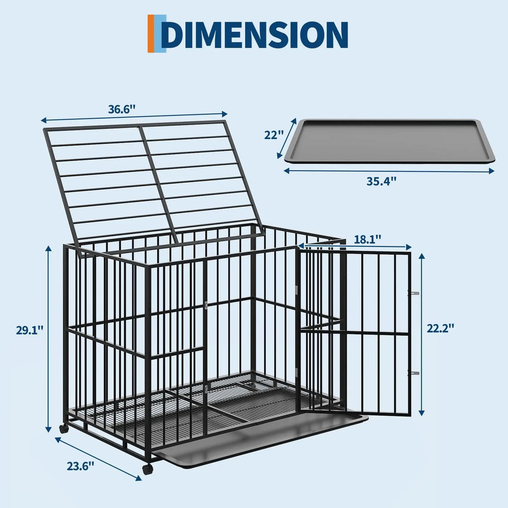 36/42/48 Inch Heavy Duty Stainless Steel Dog Crate Escape Proof, Indestructible With Wheels & Removable Tray