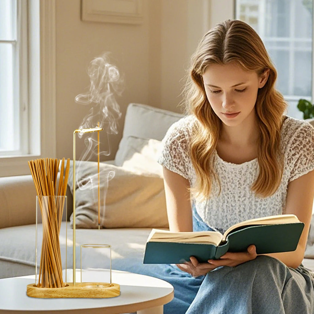 2 in 1 Incense Holder Anti-Ash Flying Incense Burner with Glass Ash Catcher and Incense Sticks Organizer