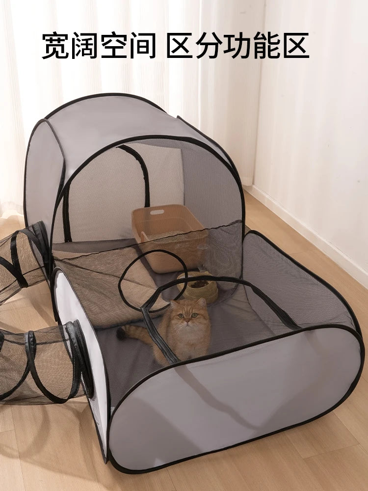Foldable Square Gray Pet Nest, Hard Oxford Cloth with a Play Tunnel