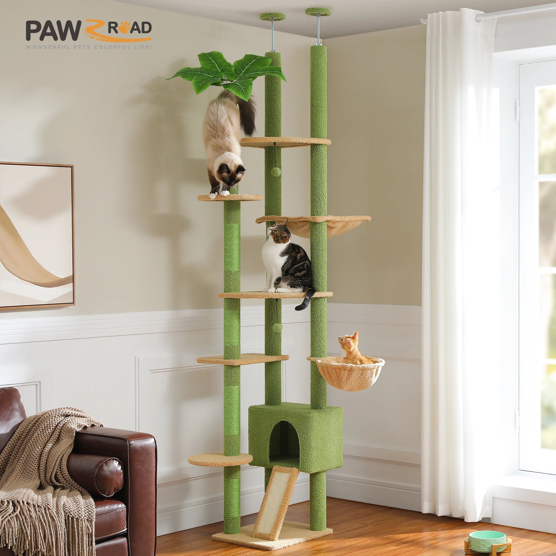 Cactus Cat Tree Floor to Ceiling Tower Adjustable Height with Cozy Condo, Hammock and Scratching Post