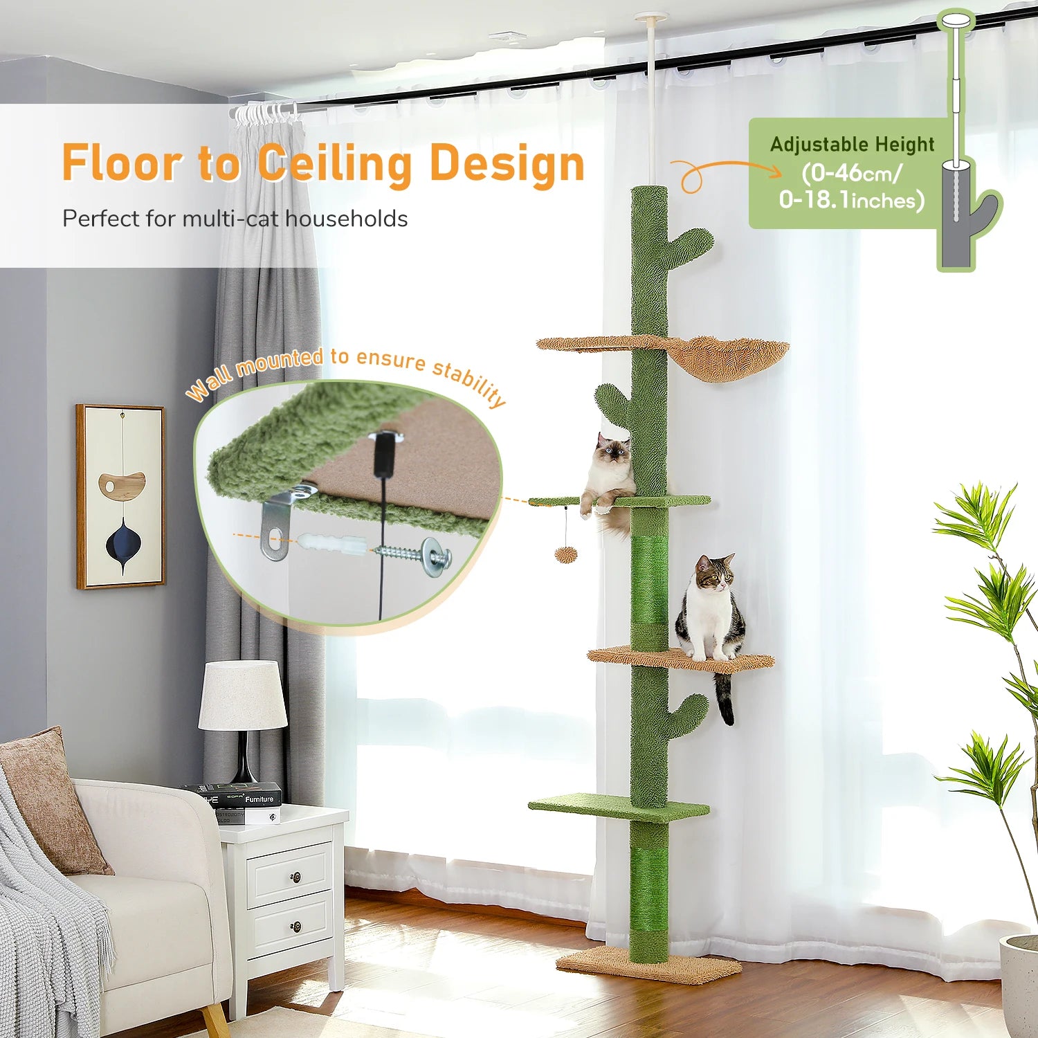 Cat Tree 5-Tier Floor to Ceiling Tower Cactus with Scratching Post, Hammock, Dangling Ball for Indoor