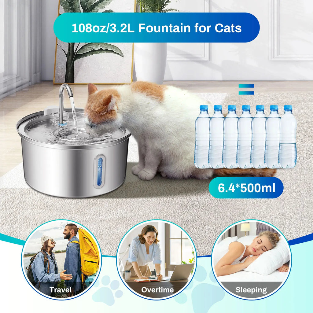 Cat Water Fountain Stainless Steel, 108oz/3.2L Fountain With Ultra Quiet Pump, Filtration System, Water Level Window