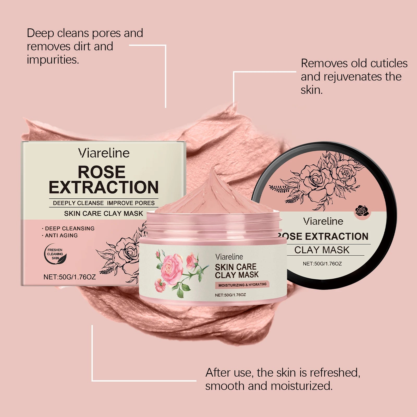 Viareline Rose Face Cleaning Mask Blackhead Remove Pore Dirt, Improve Dullness, Tightening, Gentle Mud Mask