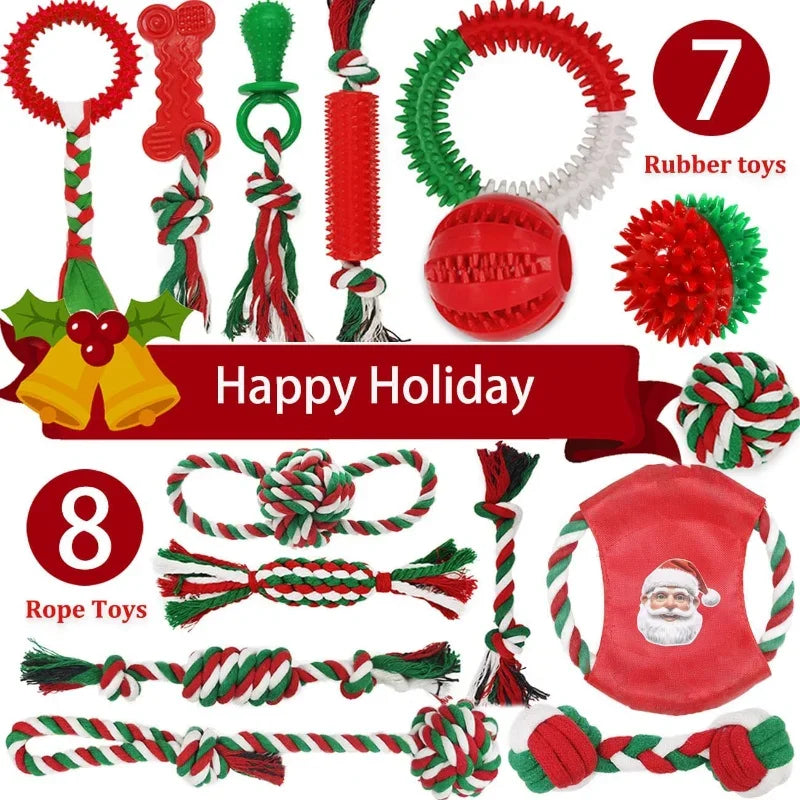 Christmas Dog Toys Bulk 15 Pack, Puppy Chew Toys for Teething Including Variety Tough Rubber and Rope Toys