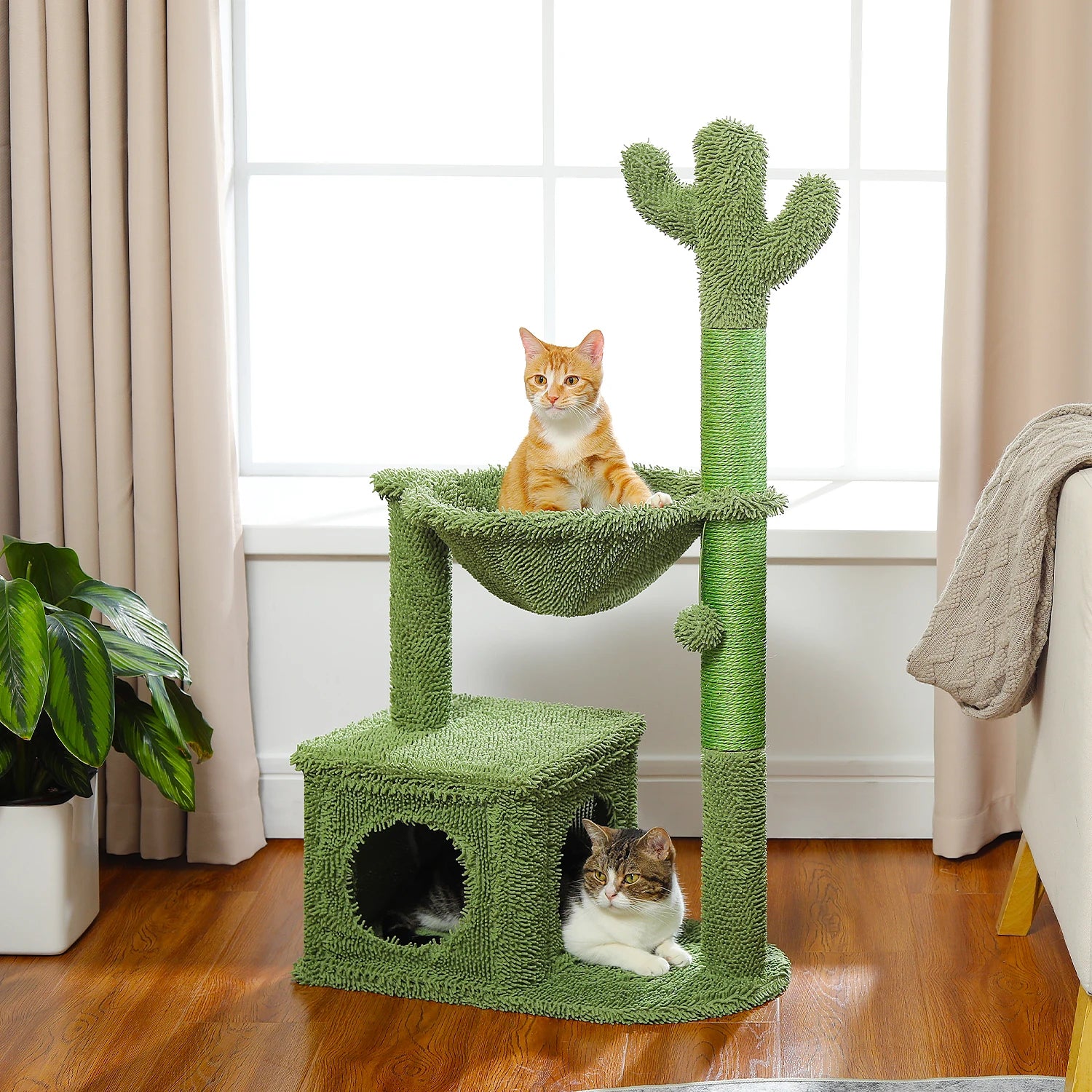 Cactus Cat Tree with Condo, Hammock, Dangling Ball Cat Toy, Cat Scratching Post for Indoor