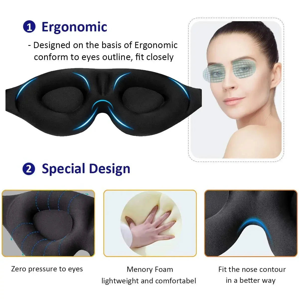 Eye Mask for Sleeping 3D Contoured Cup Blindfold, Molded, Block Out Light
