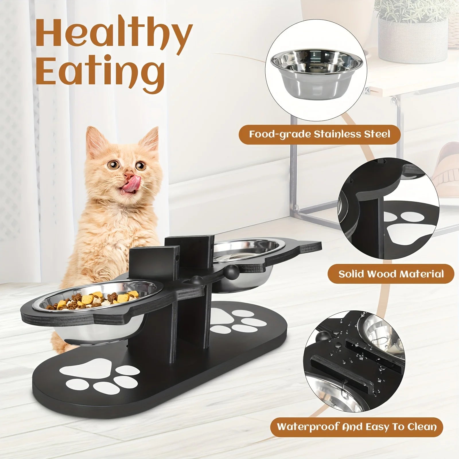3 Bowls in 1 Cat Feeder, Feeding & Watering Bowl 15-Degree Tilt, Raised Stainless Steel Bowls Wood Brackets