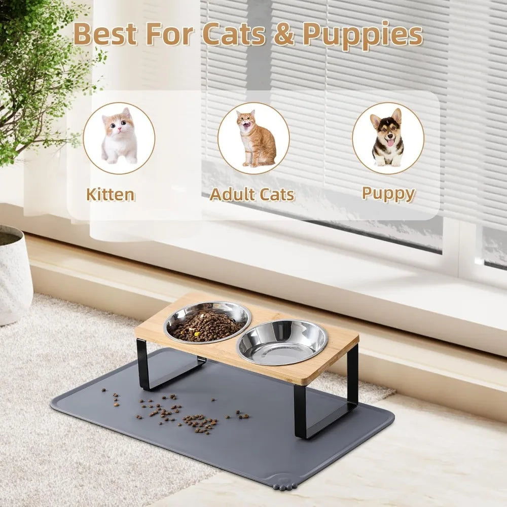 Upgraded Elevated Cat Bowls with Food Mat,15°Tilted Stand Anti Vomiting Raised Dishes for Food and Water,2 Stainless Steel B