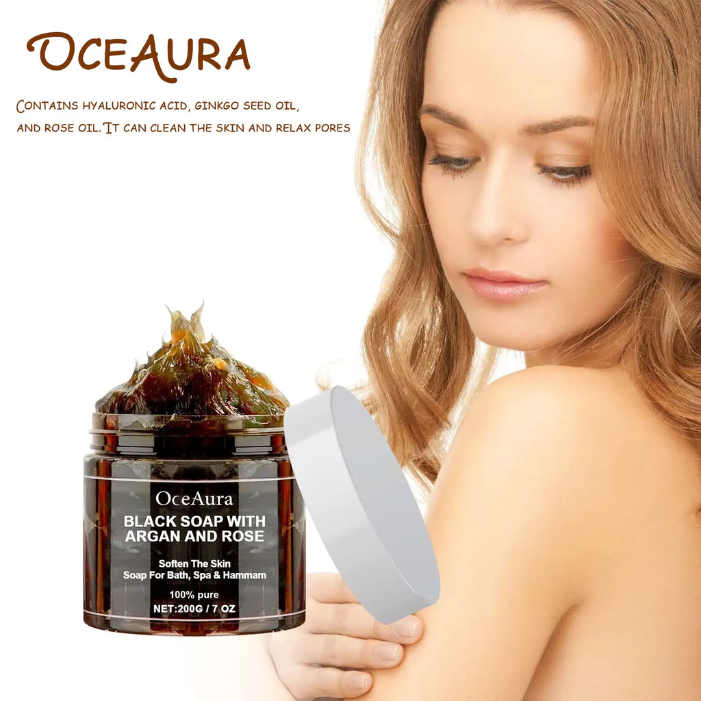 OCEAURA 200g Black Soap With Argan And Rose Body Scrub Purifying Deep Cleansing