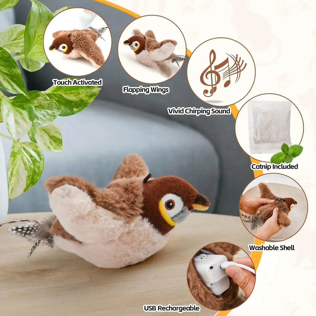 Simulated Bird Cat Toy Interactive Rechargeable Chirping, Flapping Wings, Catnip, Touch Activated