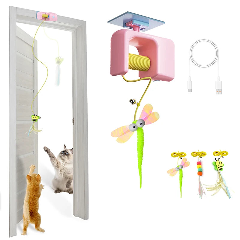 Interactive Hanging Cat Retractable String, Rechargeable Toy with 3 Flying Feathers