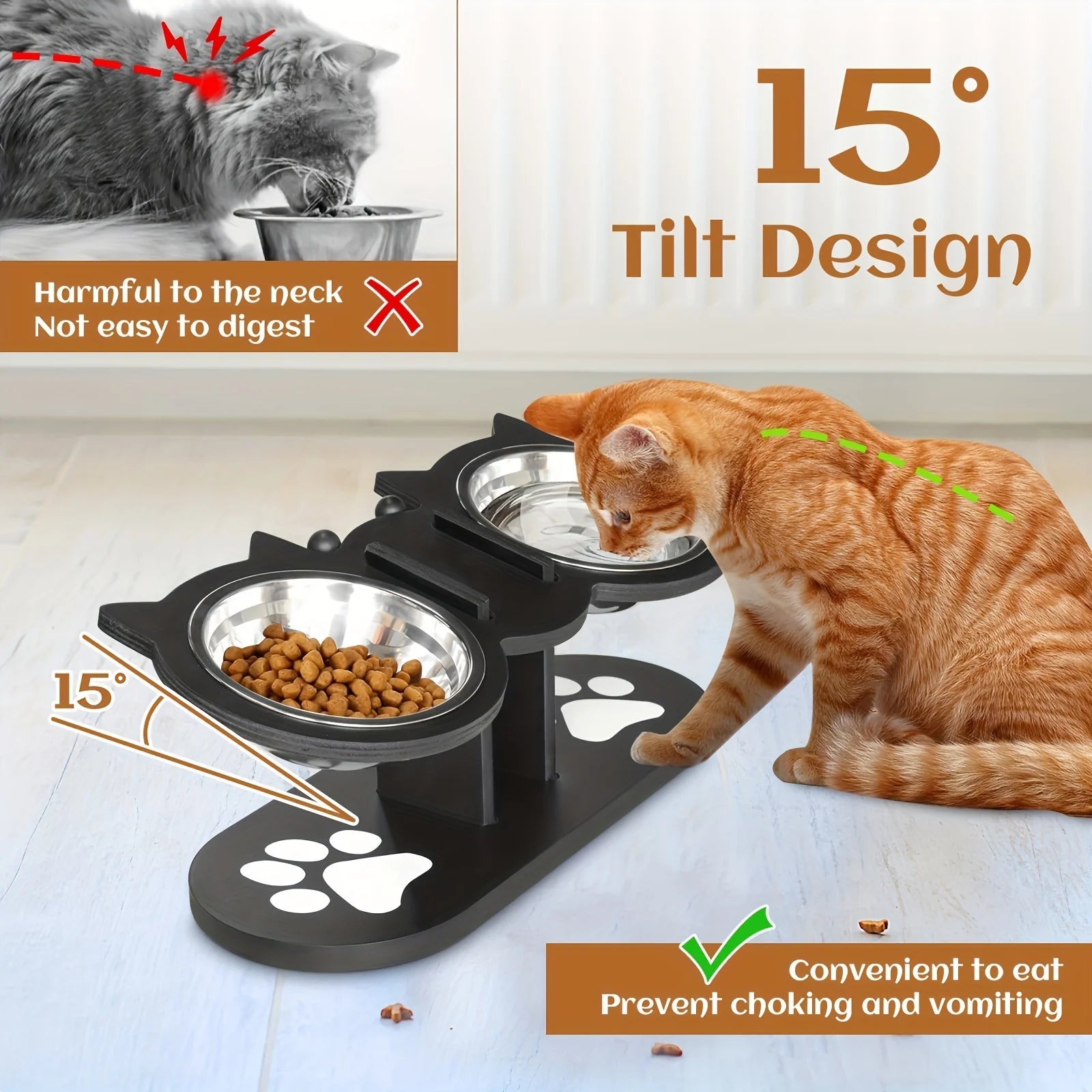 3 Bowls in 1 Cat Feeder, Feeding & Watering Bowl 15-Degree Tilt, Raised Stainless Steel Bowls Wood Brackets