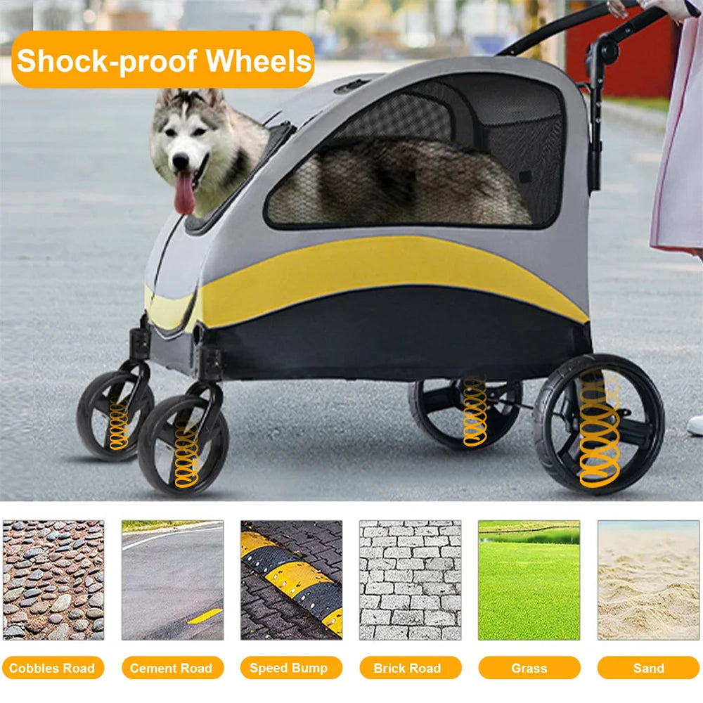 Premium Dog Stroller Pram 4 Wheel Foldable Cart, Travel, Walk, Pet Jogger Wagon for Small Medium Large Dogs