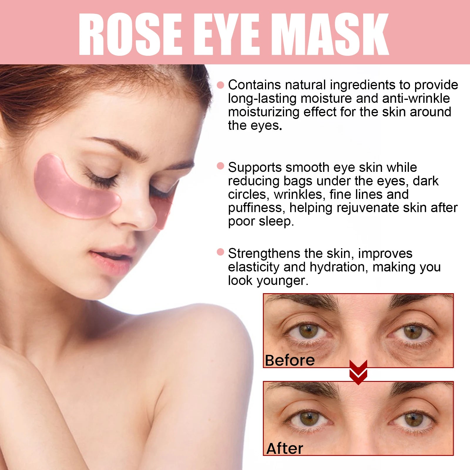 OUHOE 60pcs Rose Eye Mask Fades Fine Lines, Eye Bags, Dark Circles, Moisturizing
