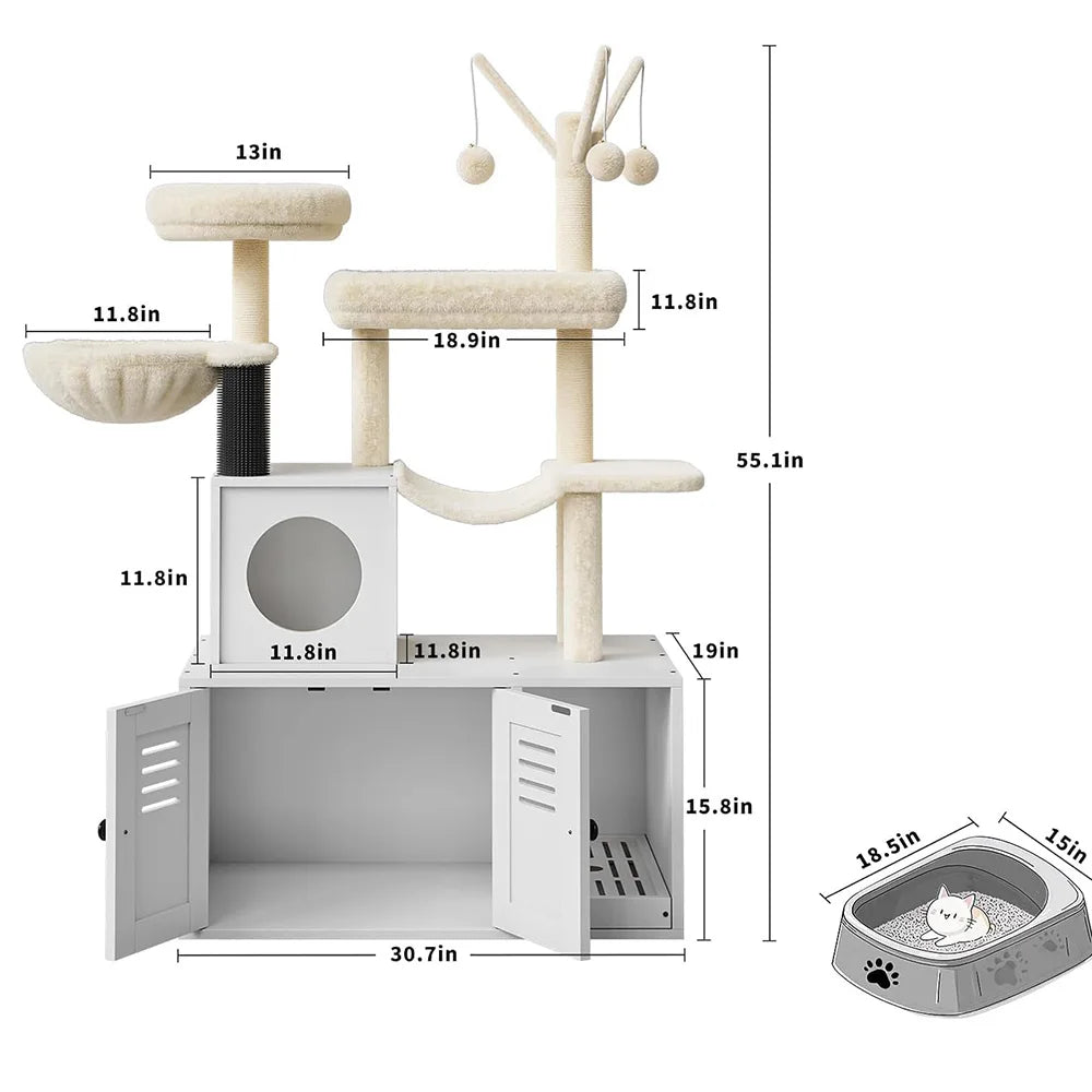 Litter Box Enclosure with Cat Tree Tower Condo for Climbing, Wooden Furniture