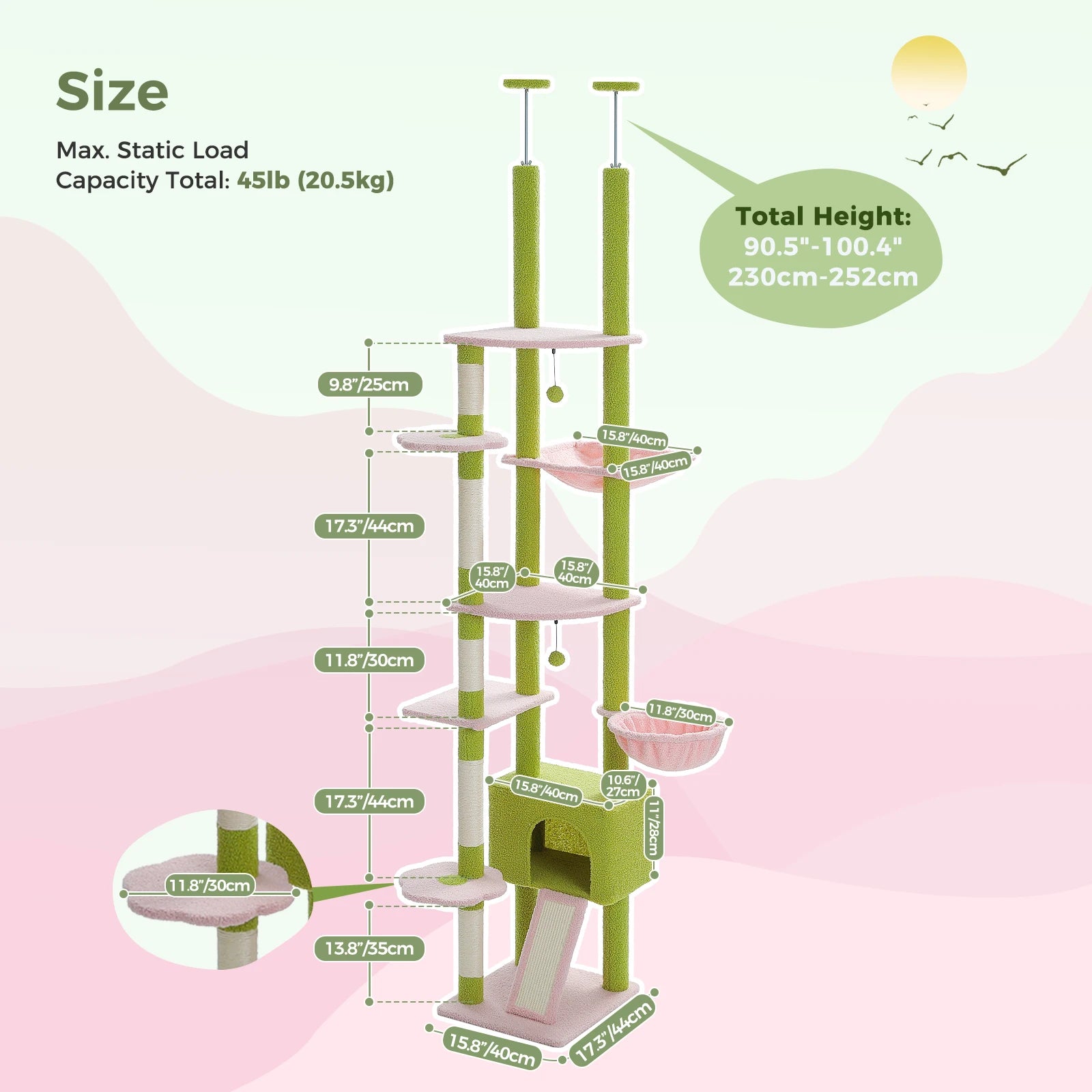 Cactus Cat Tree Floor to Ceiling Tower Adjustable Height with Cozy Condo, Hammock and Scratching Post