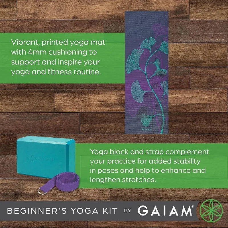 Gaiam Beginner's Yoga Starter Kit (Yoga Mat, Yoga Block, Yoga Strap) - Light 4mm Thick Printed Non-Slip