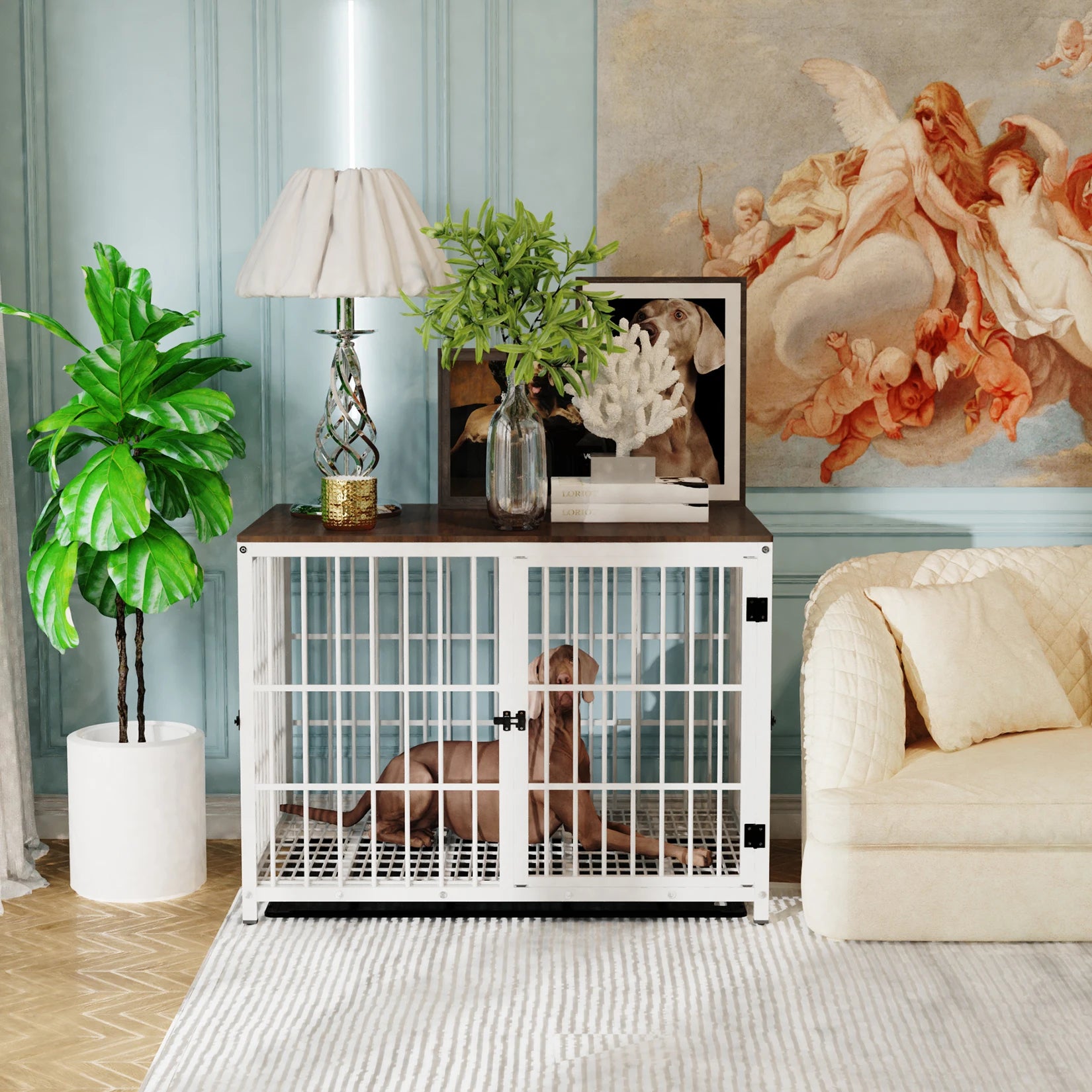 BINGOPAW Dog Crate Furniture Pet Kennel End Table Metal with Three Doors with Locks and Removable Tray, White/Black