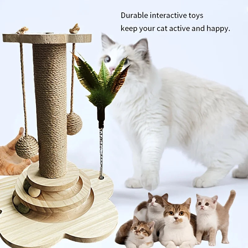 Sisal Cat Scratching Post 2-Layer Ball Track Toy with Teasing Wand and Hanging Toy Ball