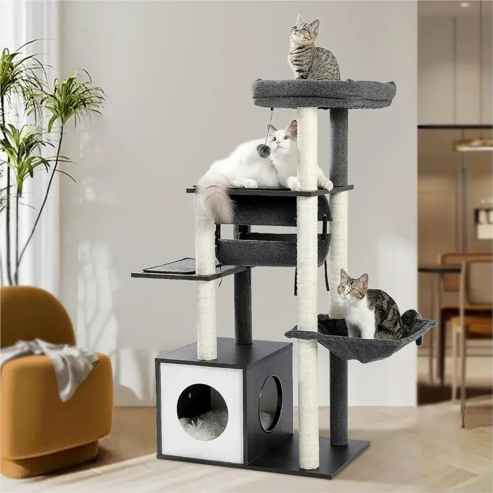 Modern Cat Tree Wooden with Fully Sisal Covered Scratching Posts, Cozy Condo, Spacious Perch