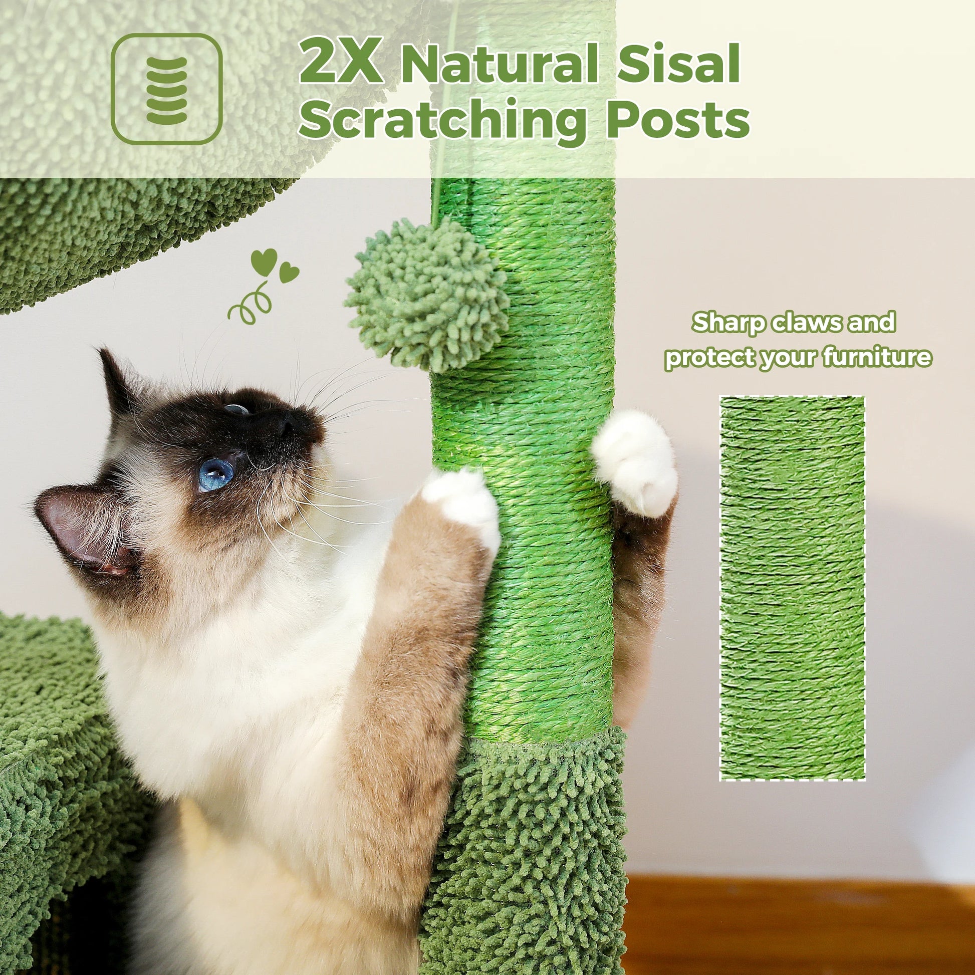 Cactus Cat Tree with Condo, Hammock, Dangling Ball Cat Toy, Cat Scratching Post for Indoor