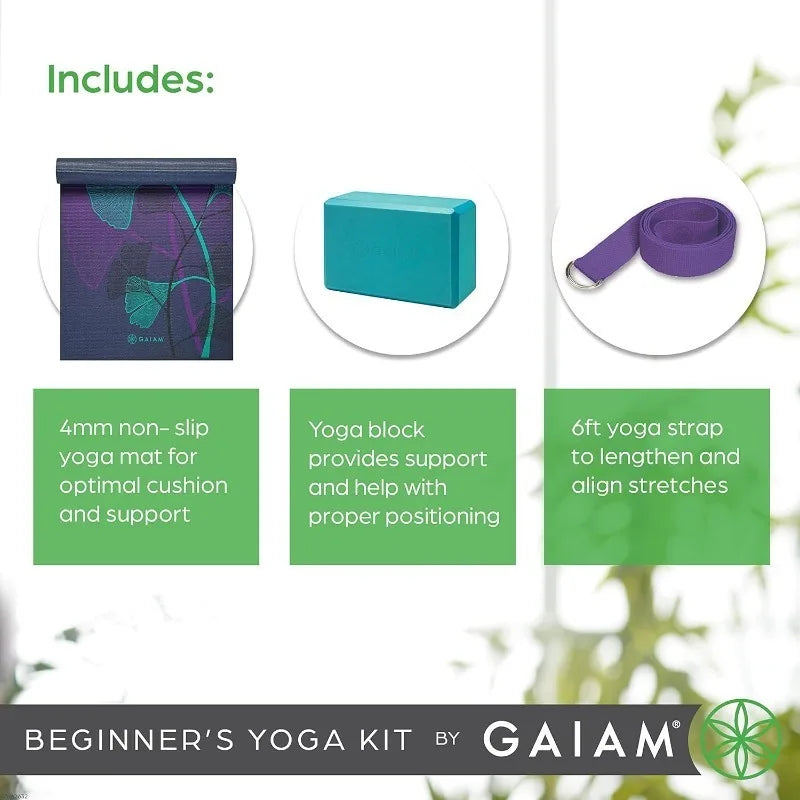 Gaiam Beginner's Yoga Starter Kit (Yoga Mat, Yoga Block, Yoga Strap) - Light 4mm Thick Printed Non-Slip