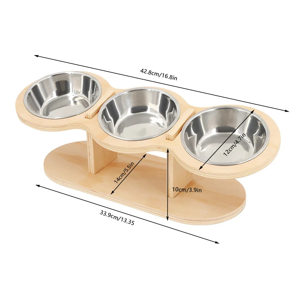 3 Bowls in 1 Cat Feeder, Feeding & Watering Bowl, 15-Degree Tilt, Raised Stainless Steel Bowls, Wood Brackets