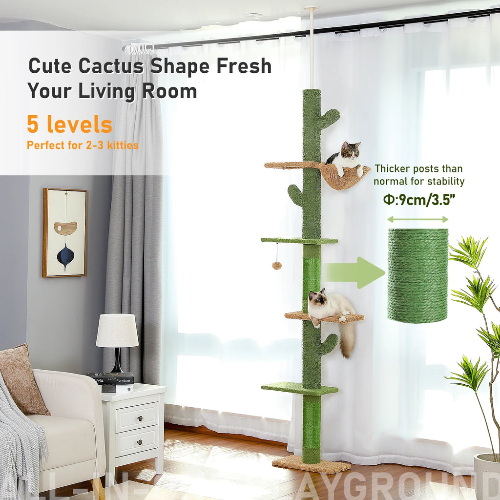 Cat Tree 5-Tier Floor to Ceiling Tower Cactus with Scratching Post, Hammock, Dangling Ball for Indoor